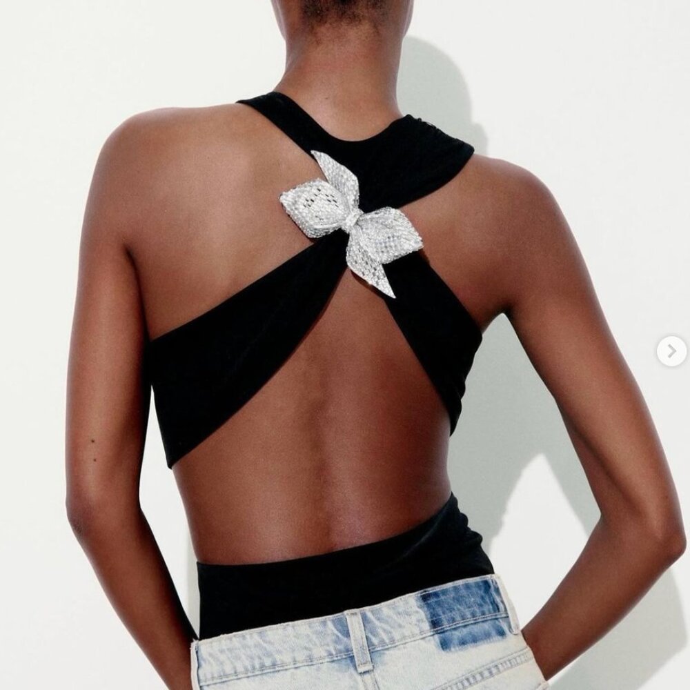 Zara Black Bodysuit Sexy Strap Back with Silver Embellished‎ Bow Holiday XS